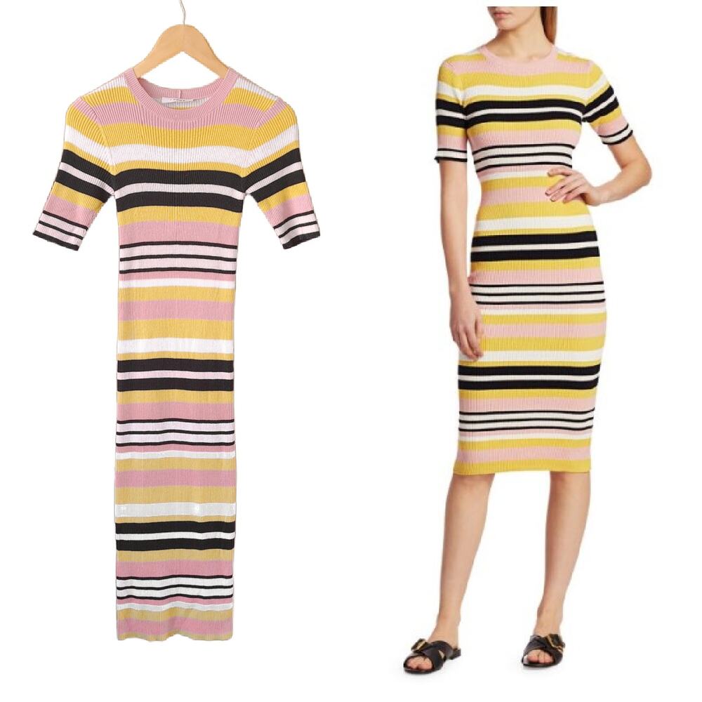 FRAME Baja Stripe Cotton & Cashmere Rib-Knit Midi Dress XS Bodycon Citrine Pink